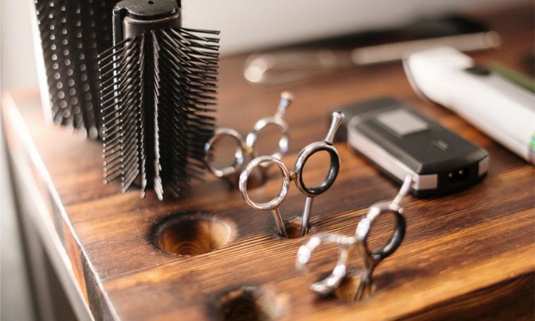 Salon station with shears, brush and dryer